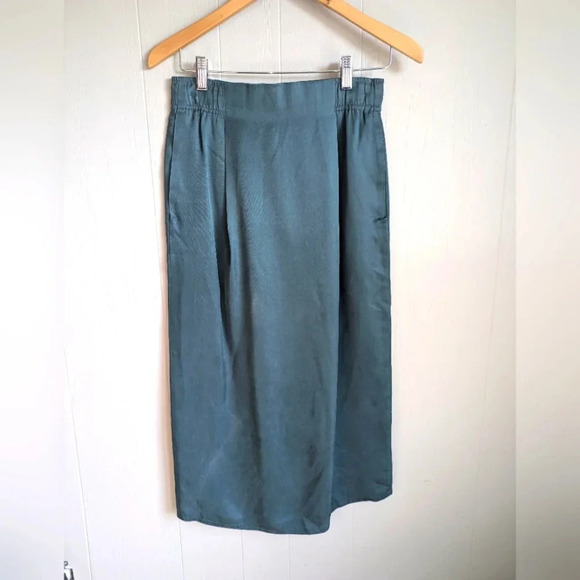 Eileen Fisher Silk Set Teal Blue Blouse and Skirt Small Luxe Minimalist - Picture 4 of 8